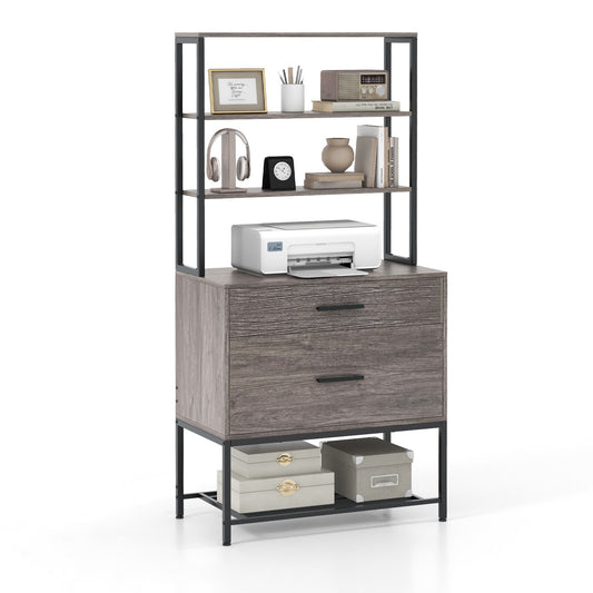Freestanding File Cabinet with Charging Station and 3-Tier Open Shelves, Gray