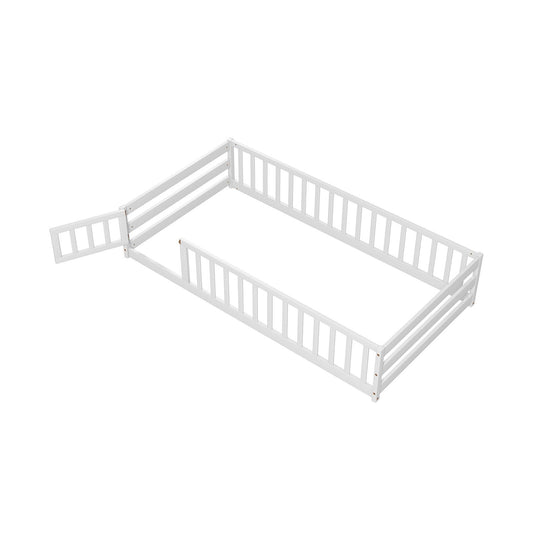 Twin Size Kids Wood Montessori Floor Bed with Door and Fence, White at Gallery Canada