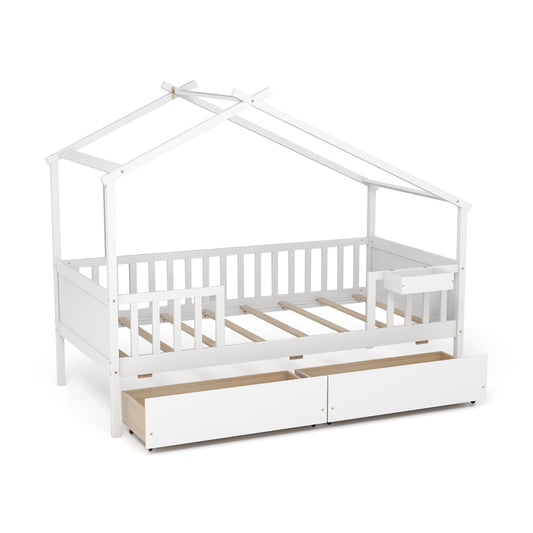 Twin House Bed with 2 Storage Drawers and Roof & Fence Rails, White