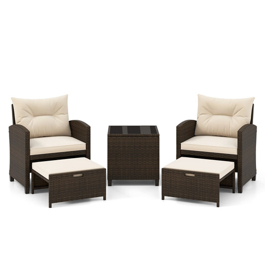 5 Pieces Patio Rattan Furniture with 2 Ottomans and Tempered Glass Coffee Table, Beige