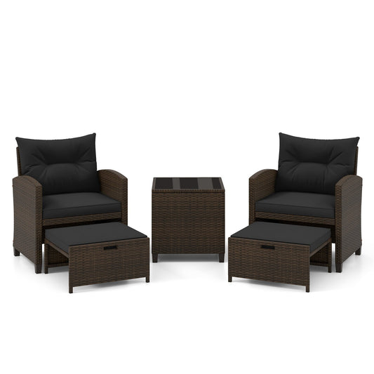 5 Pieces Patio Rattan Furniture with 2 Ottomans and Tempered Glass Coffee Table, Black