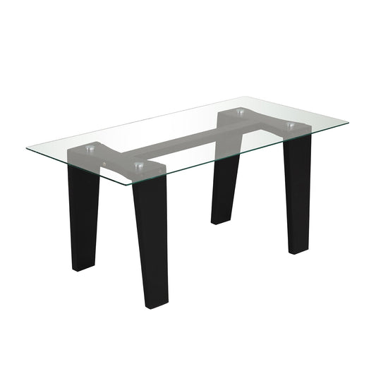 39.5 Inch Glass Coffee Table Modern Rectangular Center Table with Solid Rubber Wood Legs, Black