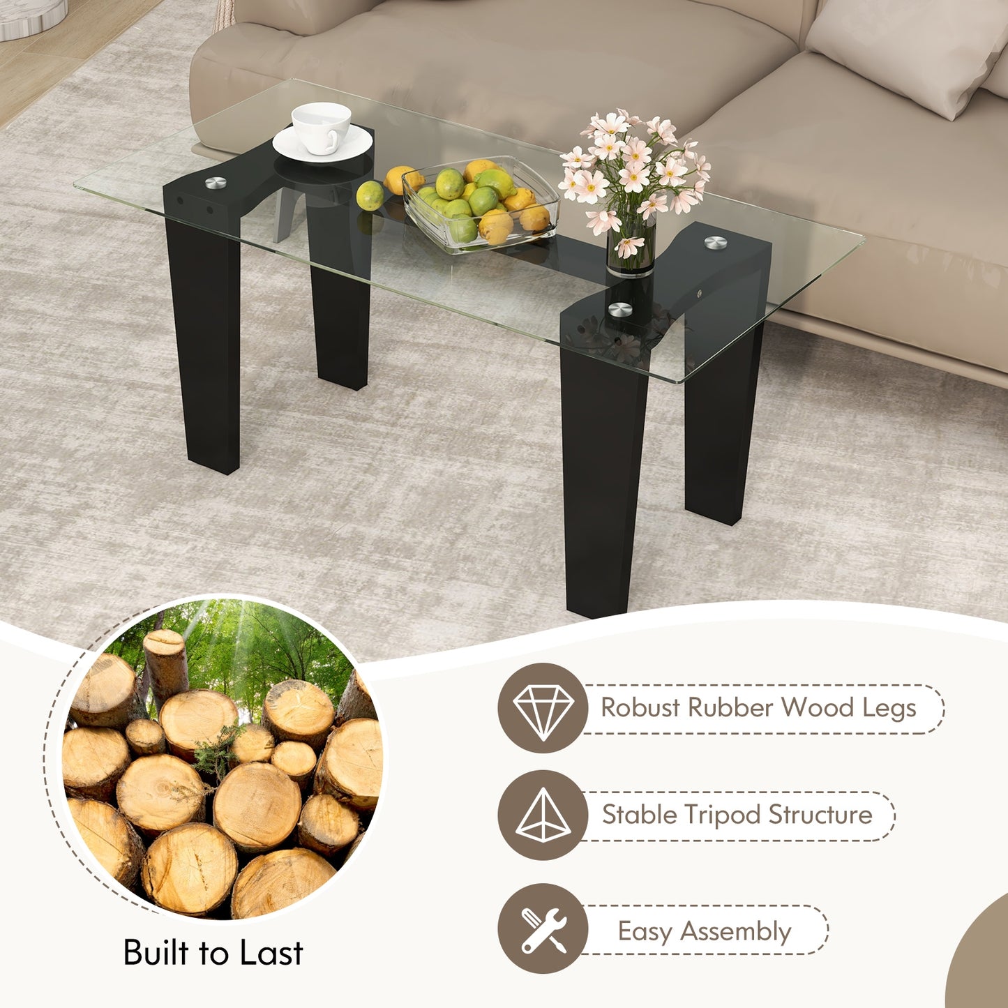 39.5 Inch Glass Coffee Table Modern Rectangular Center Table with Solid Rubber Wood Legs, Black Coffee Tables at Gallery Canada