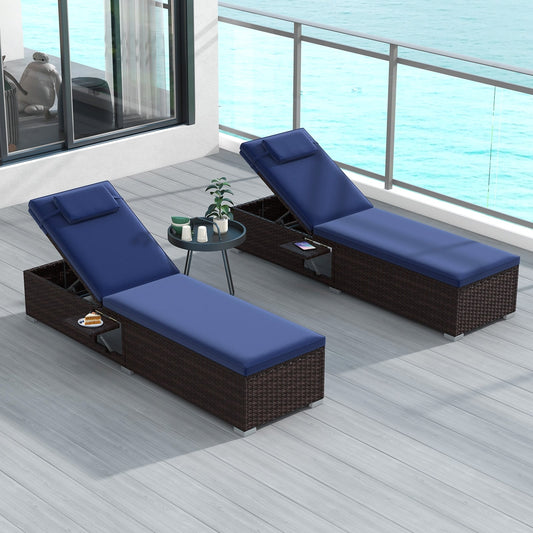 Patio Chaise Lounge Set, 2 Seats With Cushion And Headrest, Navy