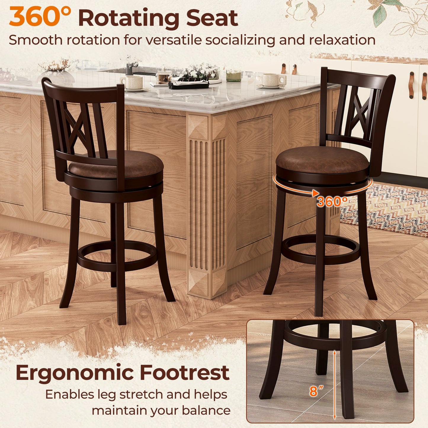 Set Of 2 Swivel Bar Stools, 26 Inches, With Footrest And Hollowed Backrest Bar Stools at Gallery Canada