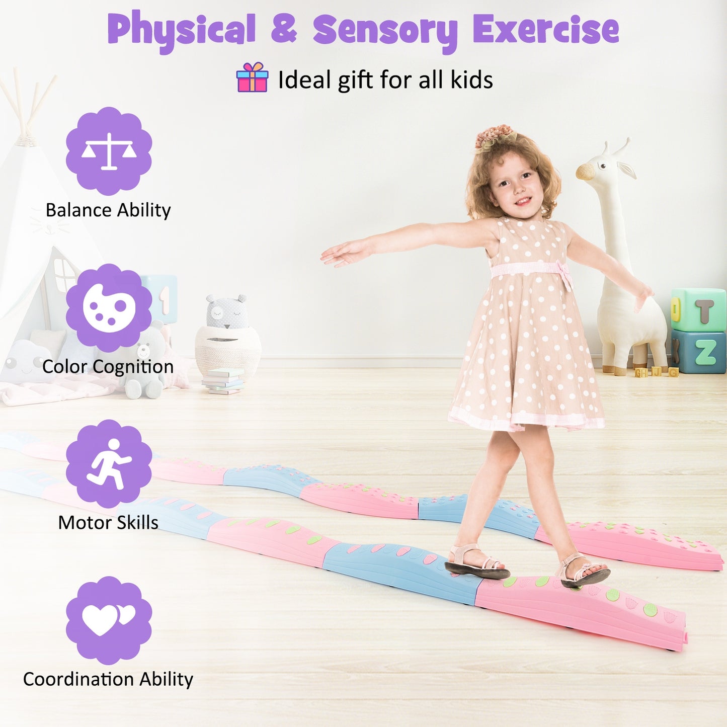 Colorful Kids Wavy Balance Beam with Textured Surface and Non-slip Foot Pads-Blue and Pink, Pink & Blue Toy Sports at Gallery Canada