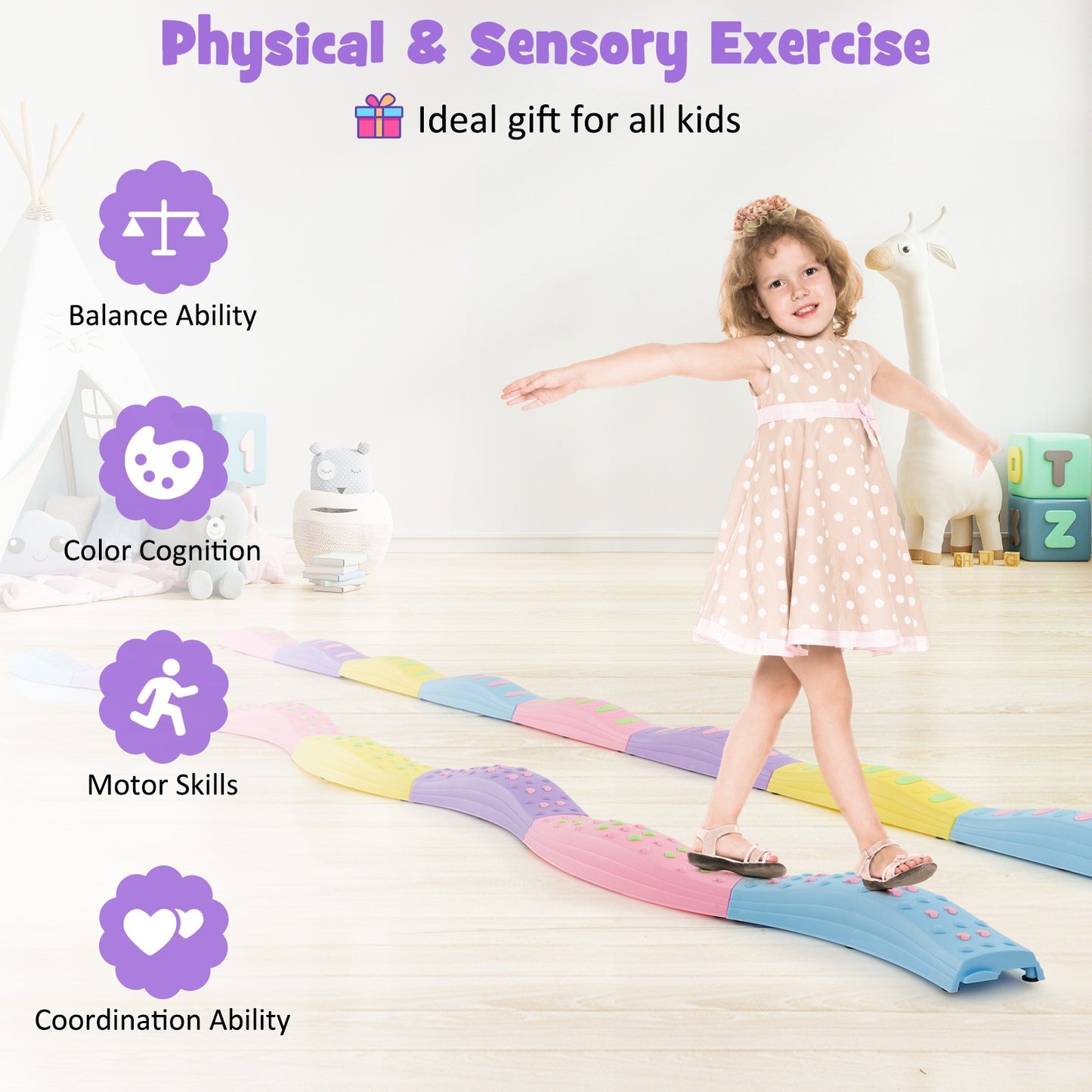 Colorful Kids Wavy Balance Beam with Textured Surface and Non-slip Foot Pads, Pink & Purple Toy Sports at Gallery Canada