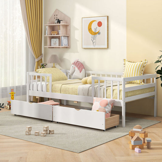 Twin Daybed With Fence And 2 Drawers, White Trundle Bed Frame White at Gallery Canada