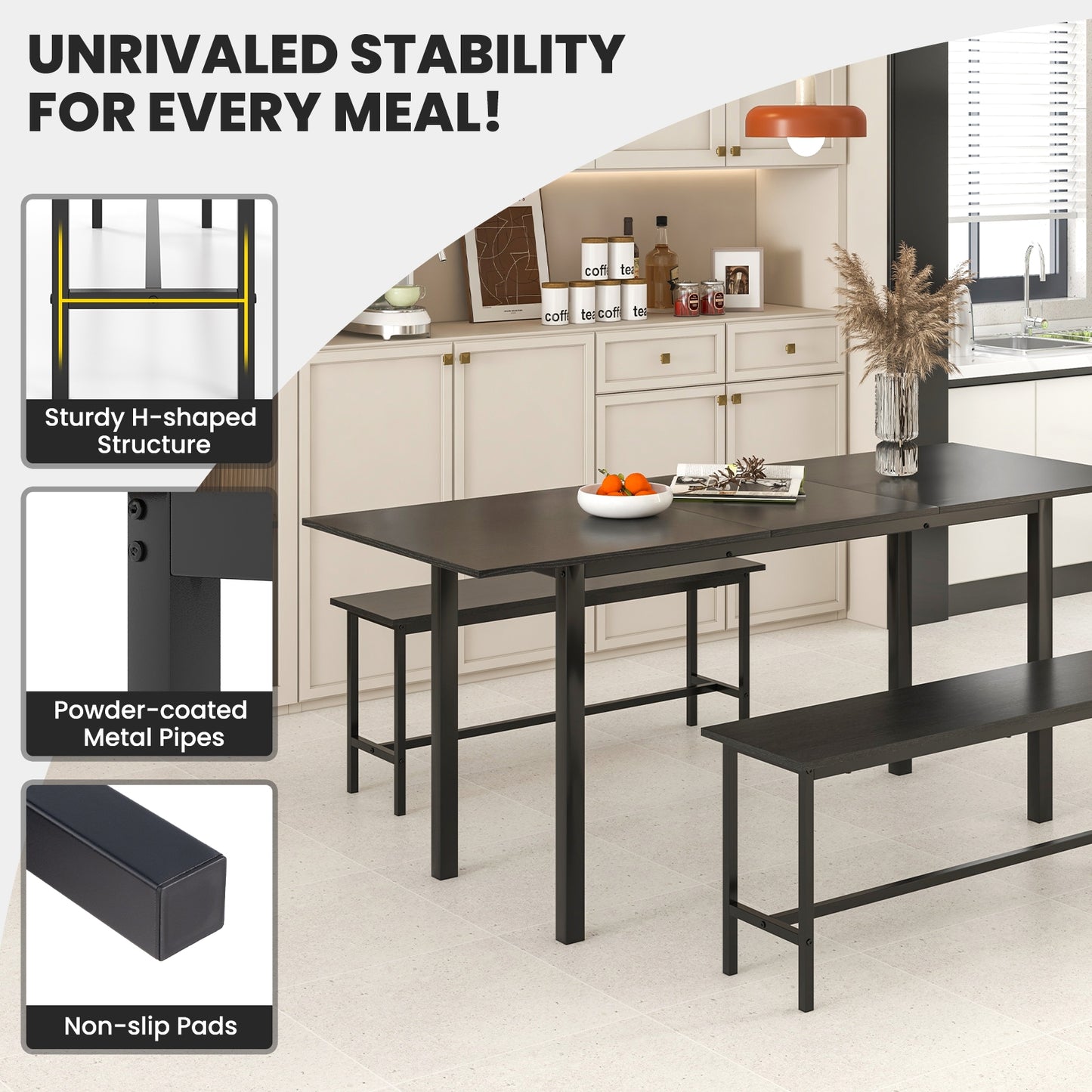 3 Piece Dining Table Set For 4-6, 2 Benches, Black Dining Room Sets at Gallery Canada