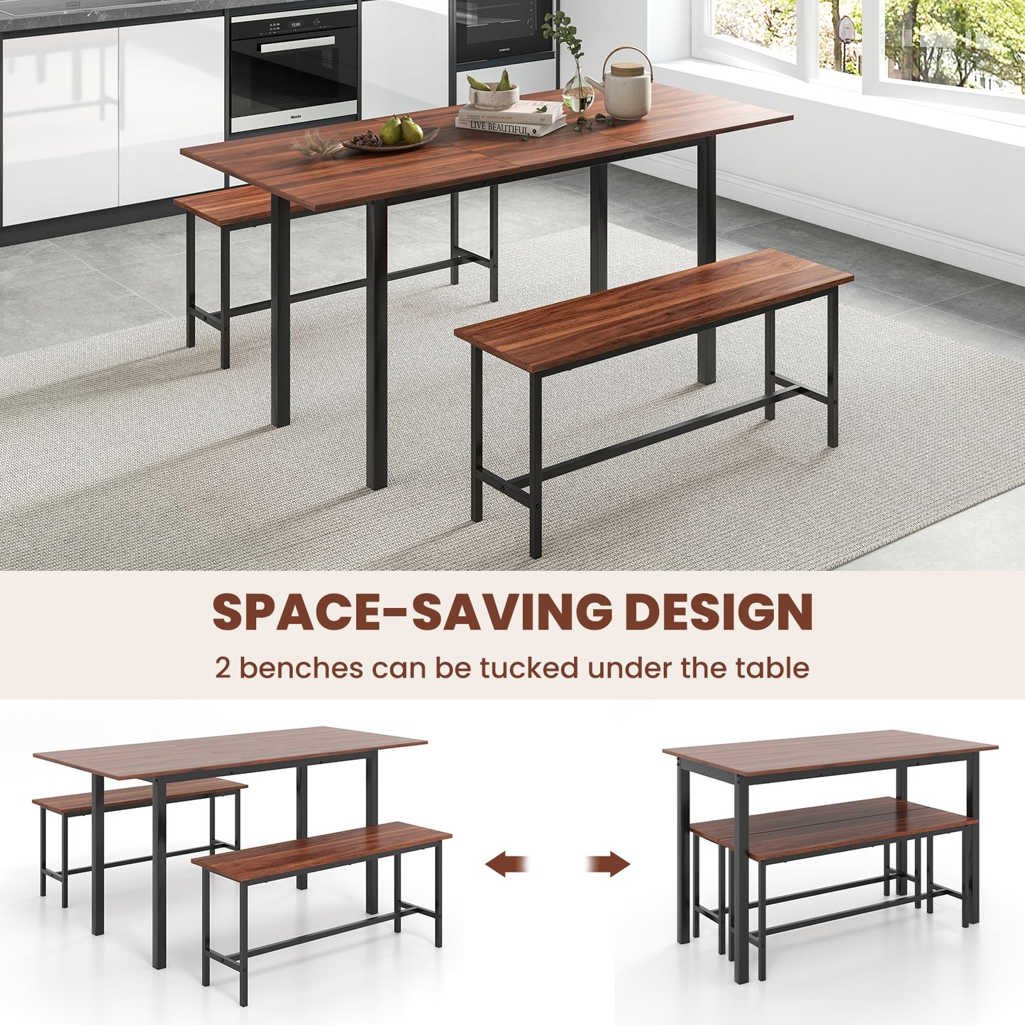 3 Piece Dining Table Set For 4-6, 2 Benches, Walnut Dining Room Sets at Gallery Canada