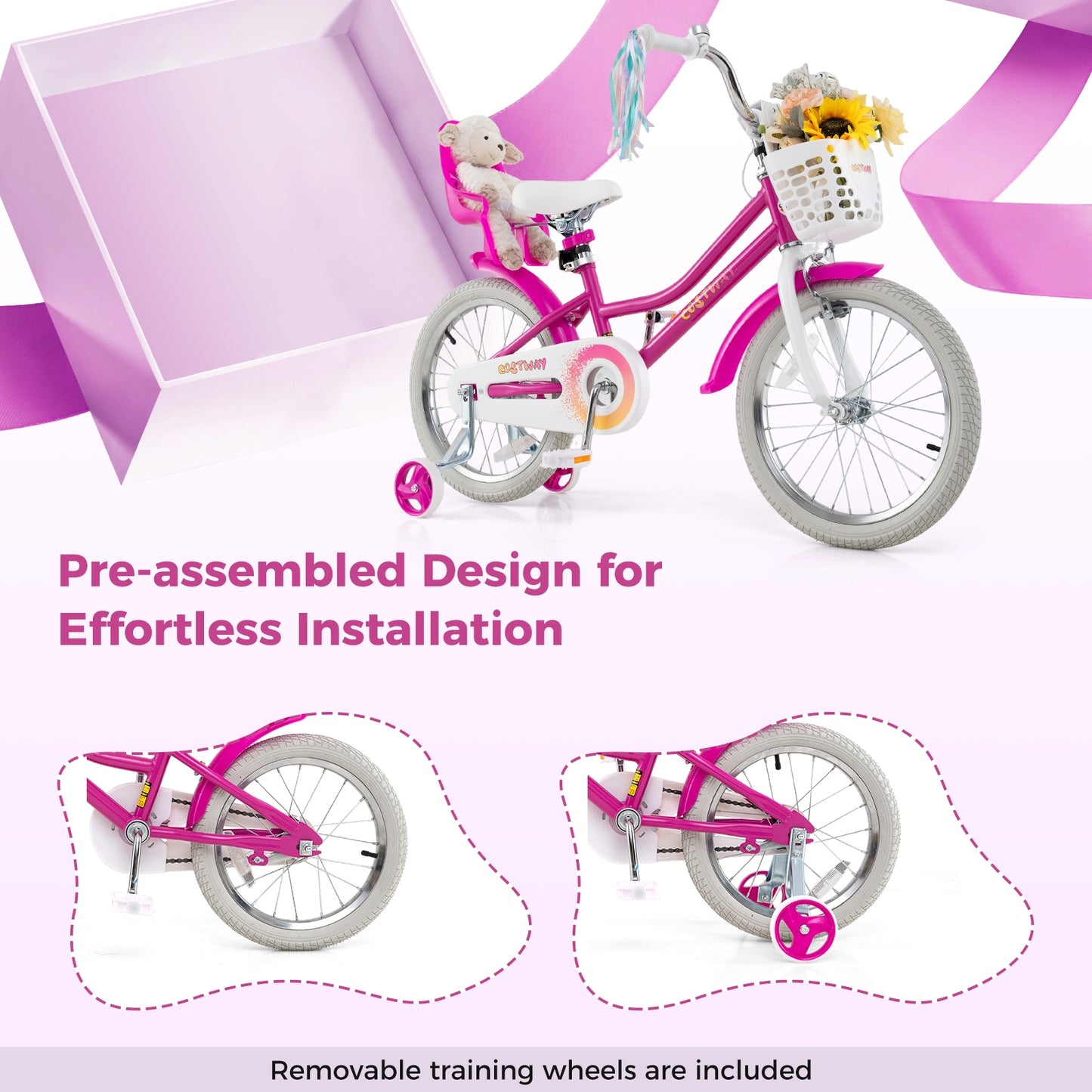 Kids Bike 18 Inch with Training Wheels and 2 Brake System for 4-8 Years Old, Rose Red Kids Bike at Gallery Canada