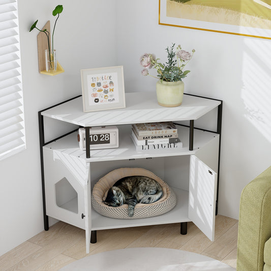 Corner Cat Litter Box Enclosure with Open Shelf 2 Entrances and Metal Legs, White Cat Houses White at Gallery Canada