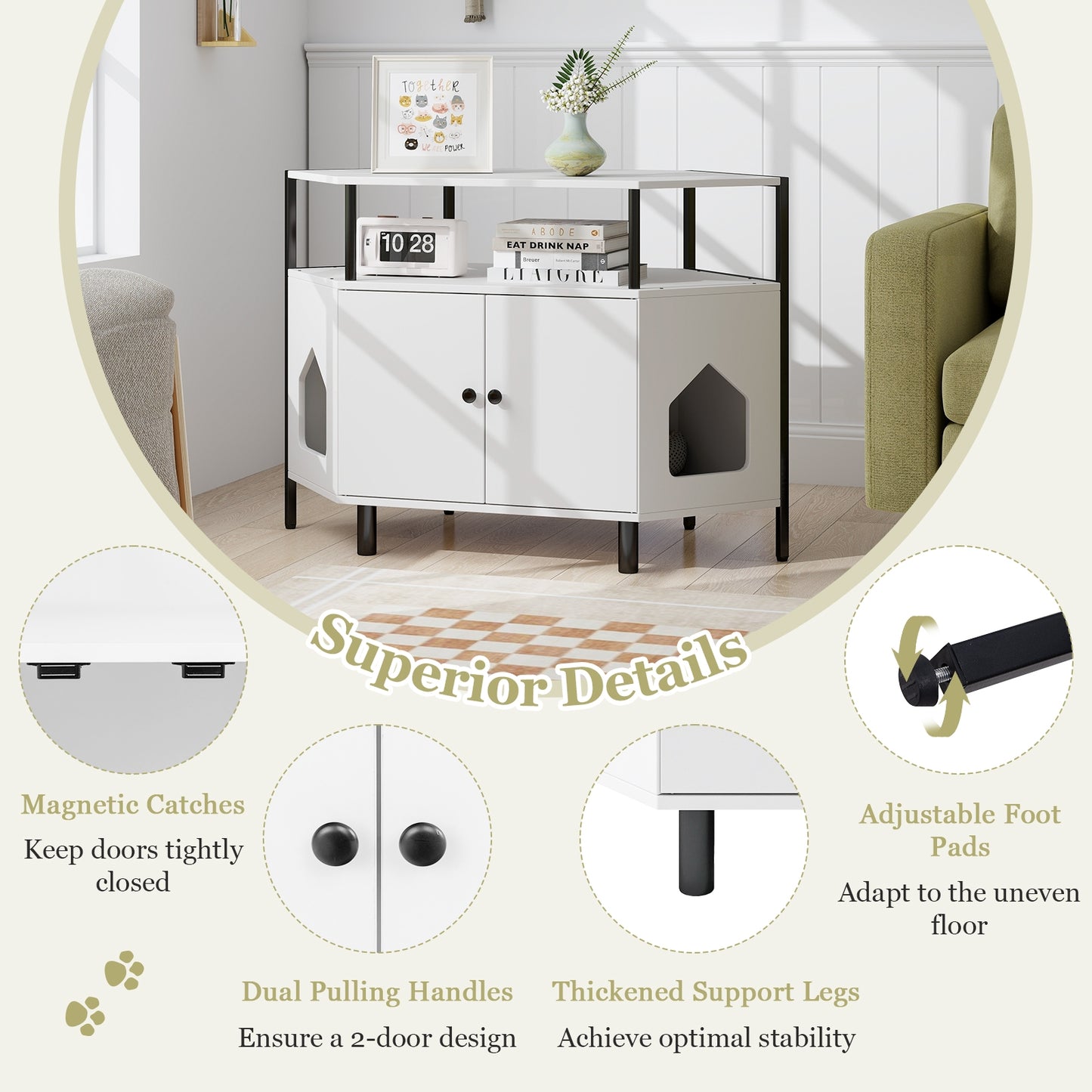 Corner Cat Litter Box Enclosure with Open Shelf 2 Entrances and Metal Legs, White Cat Houses at Gallery Canada