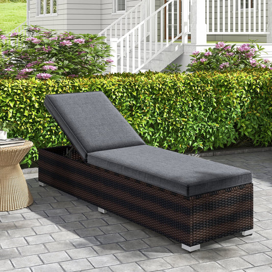 Patio Wicker Lounge Chair, 4-Level Backrest, Long Seat Cushion, Brown