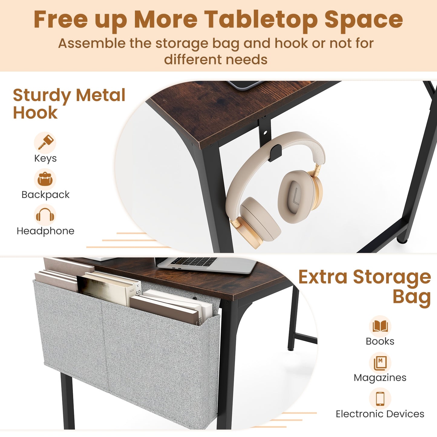 32 Inch Home Office Desk, Charging Station, Storage Bag, Headphone Hook, Rustic Brown Computer Desks at Gallery Canada