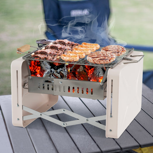 Folding Charcoal BBQ Grill with Dishwasher-safe Grill Grids and Charcoal Box, Beige Outdoor Grills Beige at Gallery Canada