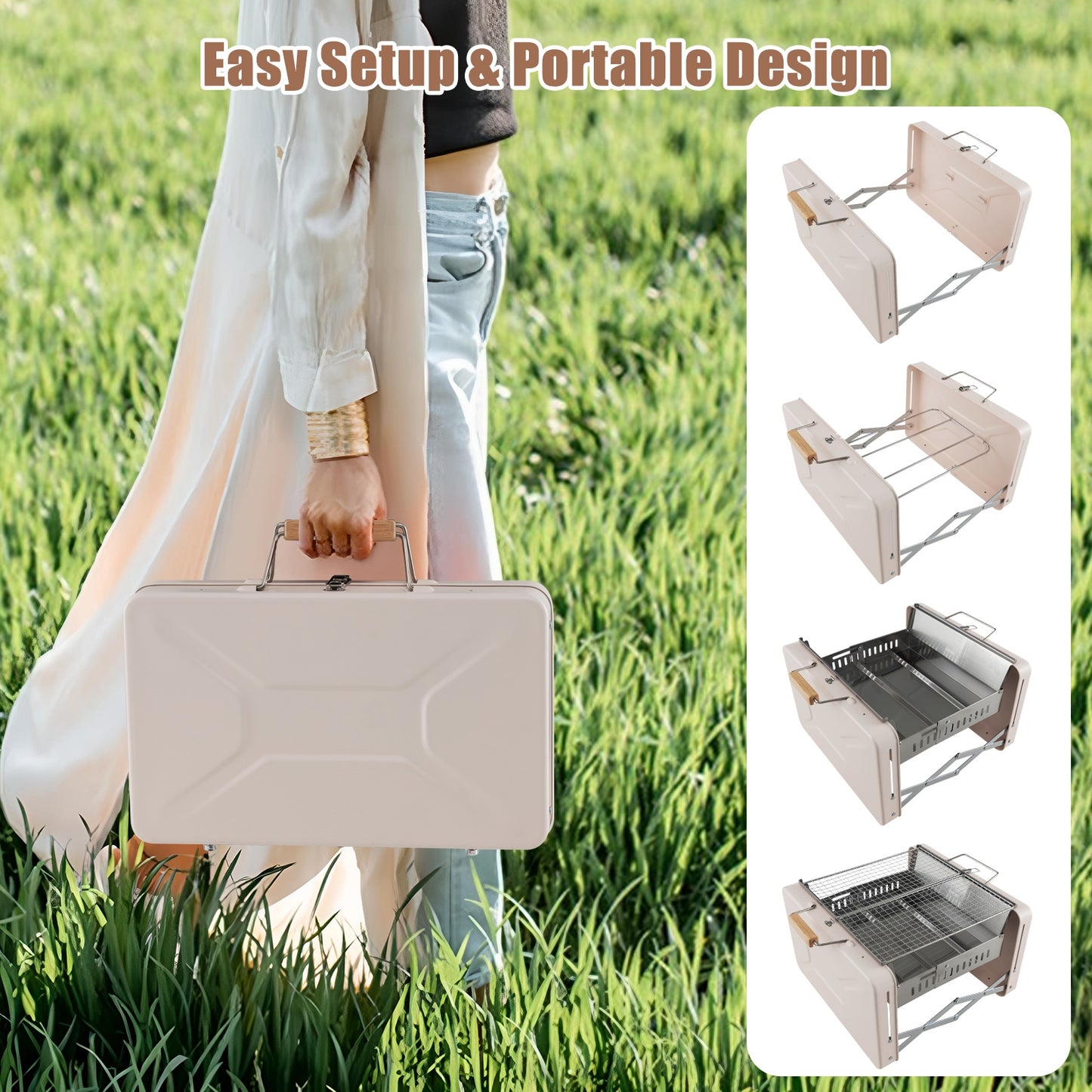 Folding Charcoal BBQ Grill with Dishwasher-safe Grill Grids and Charcoal Box, Beige Outdoor Grills at Gallery Canada