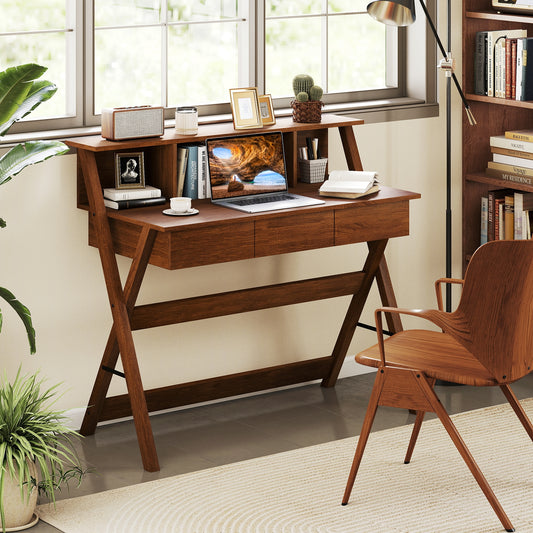 Mid Century Office Desk With 3 Drawers, Monitor Stand, Brown Computer Desks Brown at Gallery Canada