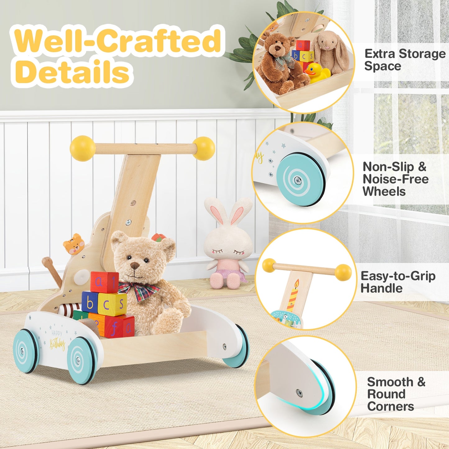Wooden Baby Walker with Adjustable Heights and Smooth Wheels, White Baby Activity at Gallery Canada