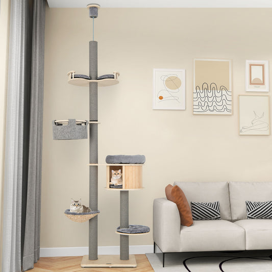 6-tier Floor-to-Ceiling Cat Tree 100-110 Inches Adjustable Height, Natural Cat Trees Condos & Scratchers Natural at Gallery Canada
