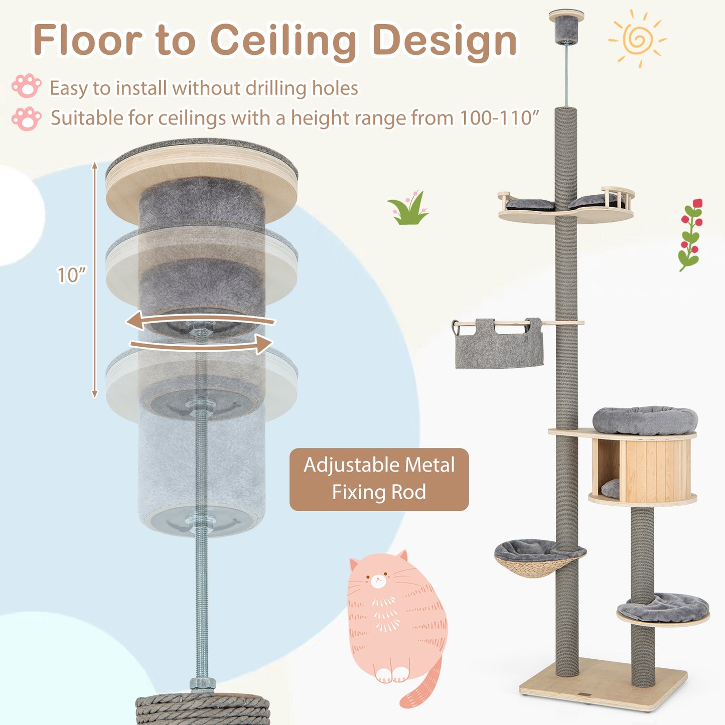 6-Tier Floor-To-Ceiling Cat Tree, 100-110 Inches Adjustable Height, Natural Cat Trees Condos & Scratchers at Gallery Canada