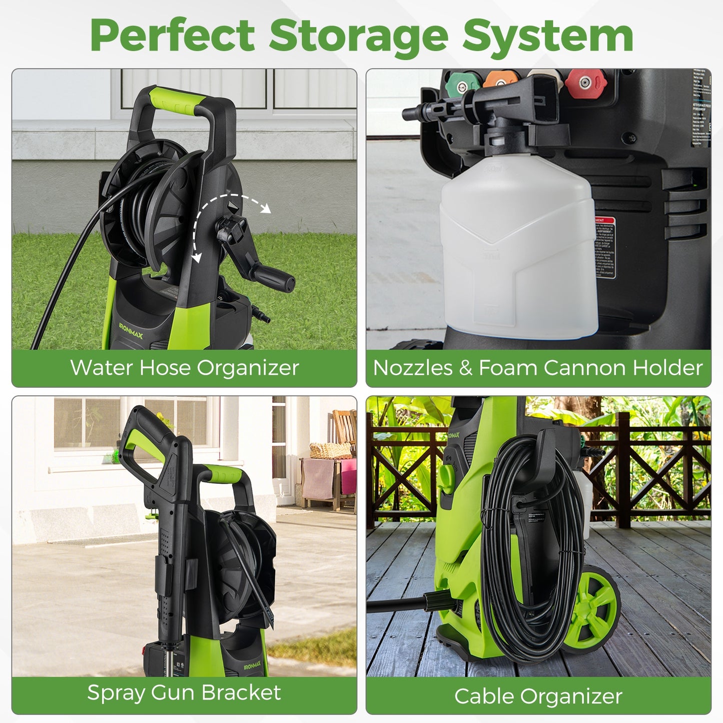 2150 PSI Electric Pressure Washer, 1.2 GPM, 4 Nozzles, Foam Cannon, Green