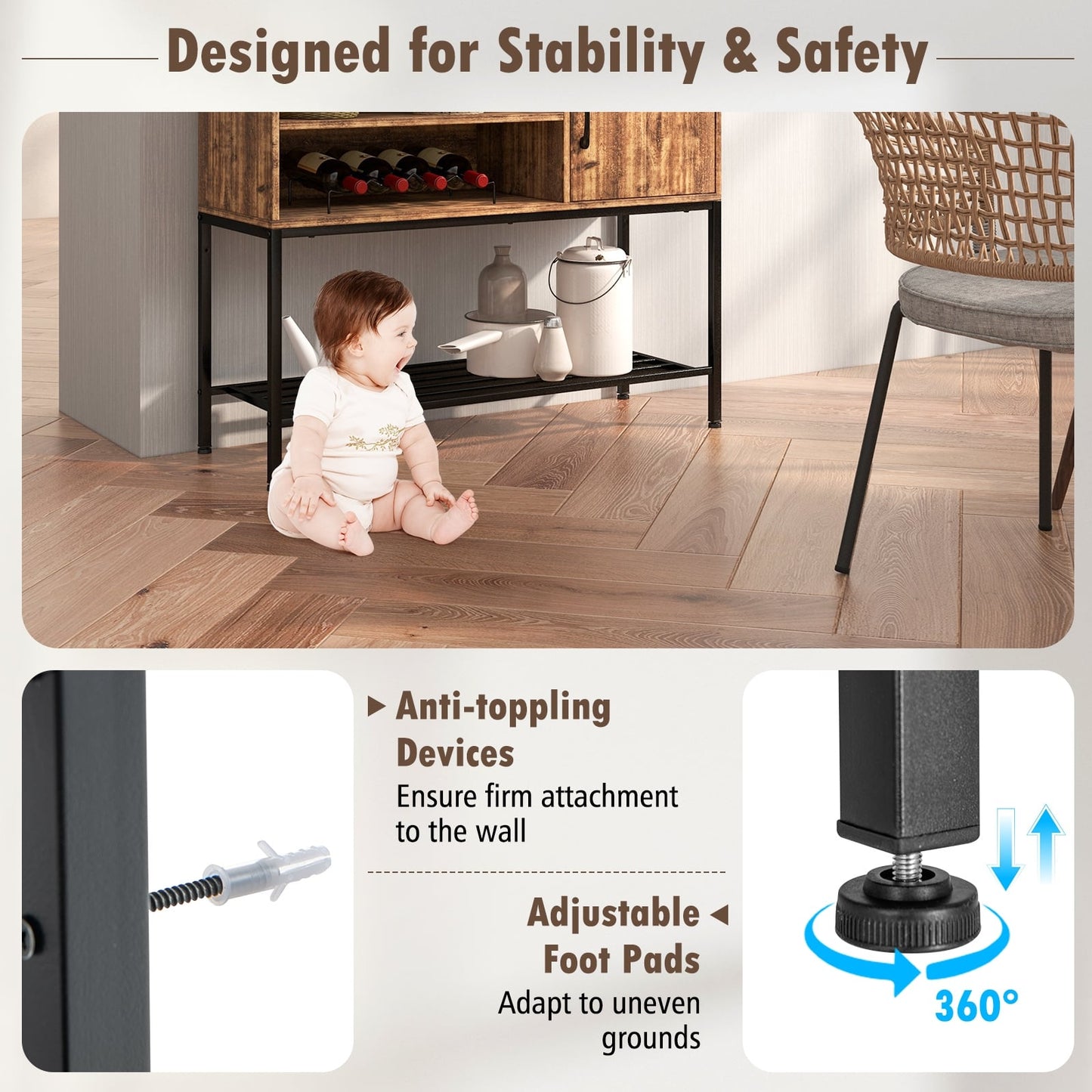 Buffet Sideboard Cabinet With Power Outlets, USB Ports, Rustic Brown Sideboards Cabinets & Buffets at Gallery Canada