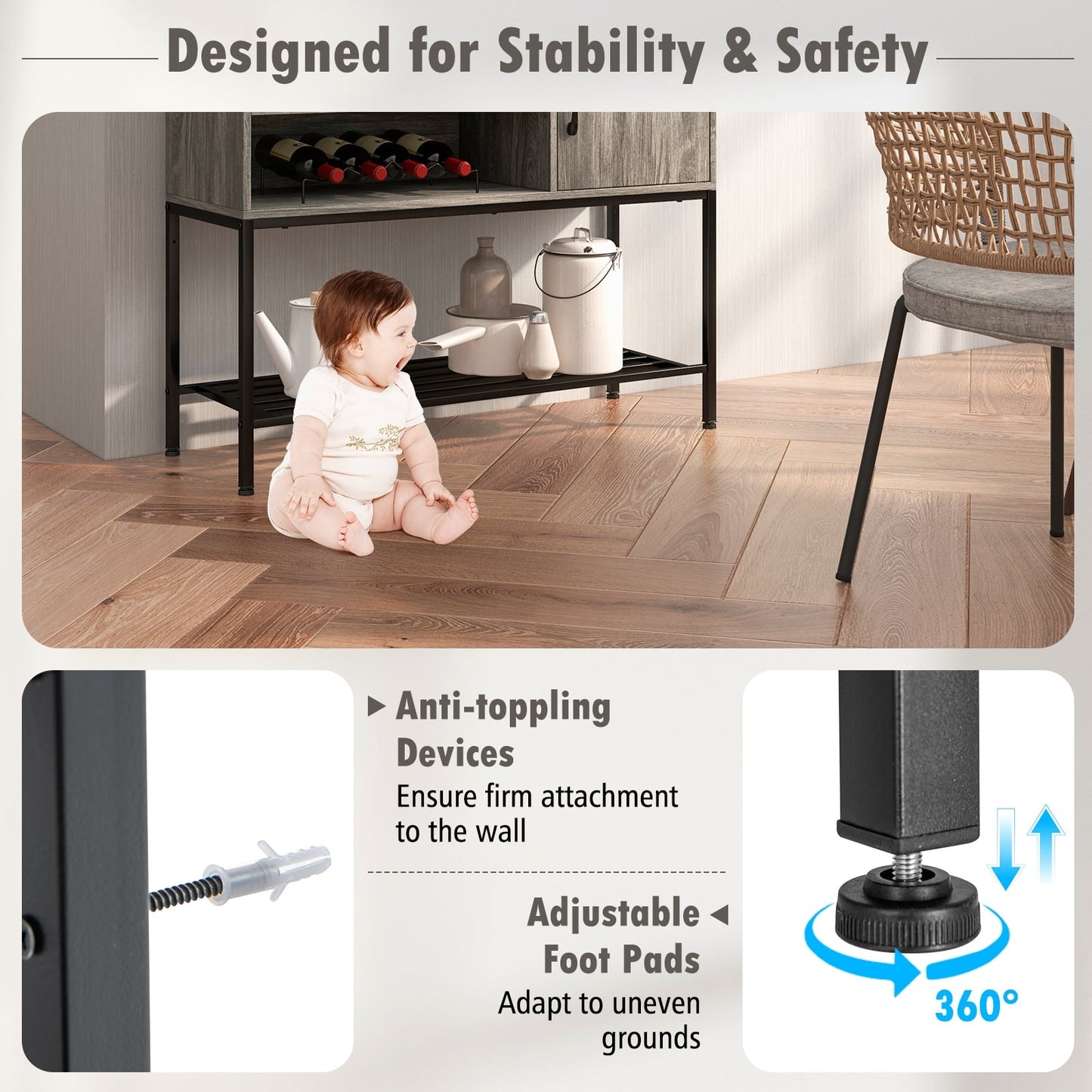 Coffee Bar Cabinet With Power Outlets, USB Ports, Gray Sideboards Cabinets & Buffets at Gallery Canada