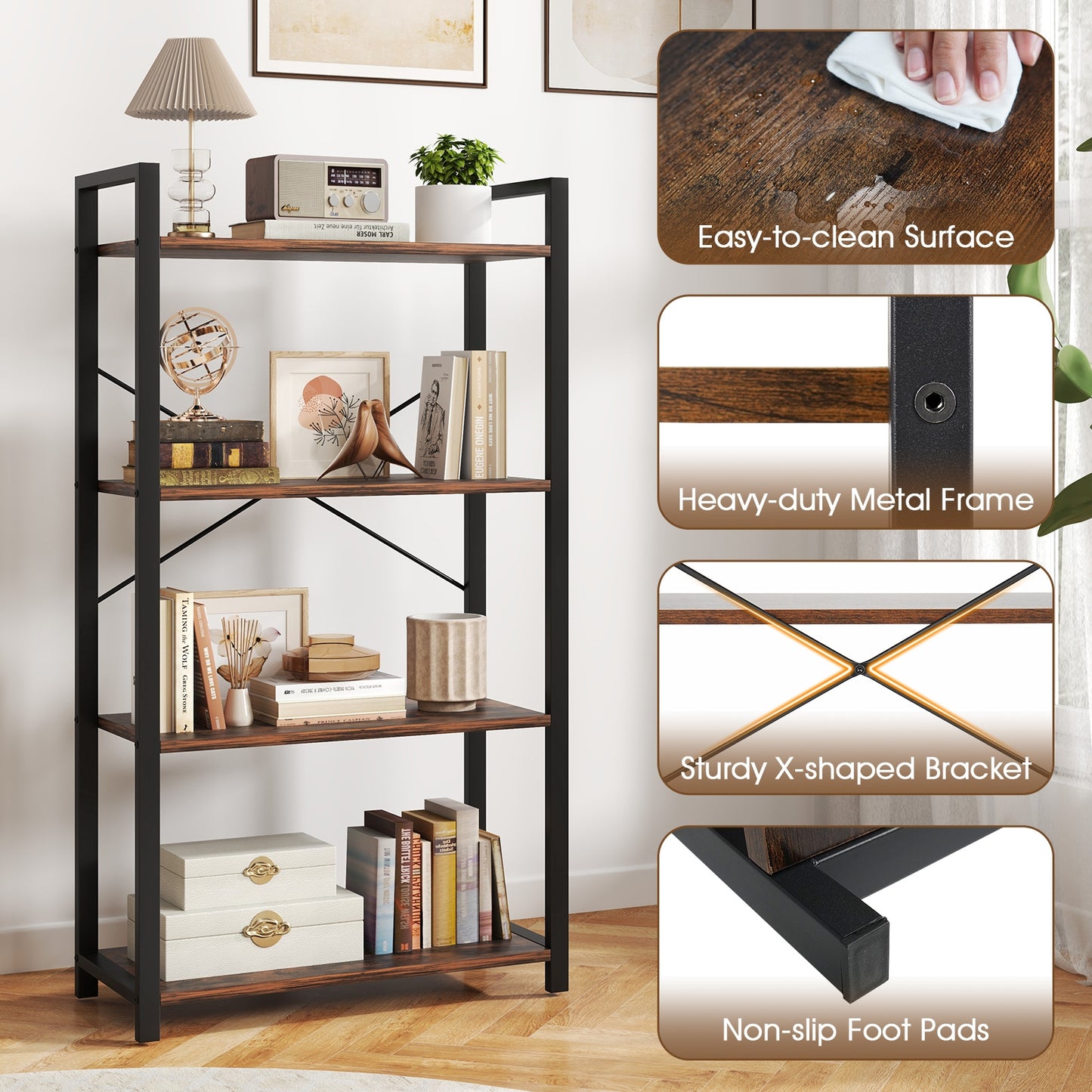 4-Tier Bookshelf, Heavy Duty Metal Frame, Industrial Display Shelf, Rustic Brown