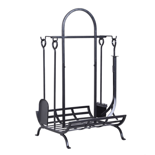 Indoor Outdoor Firewood Rack with 4 Tools, elevated base Steel Power Coated Construction Fire Wood Storage Stacking Set, Black - Gallery Canada