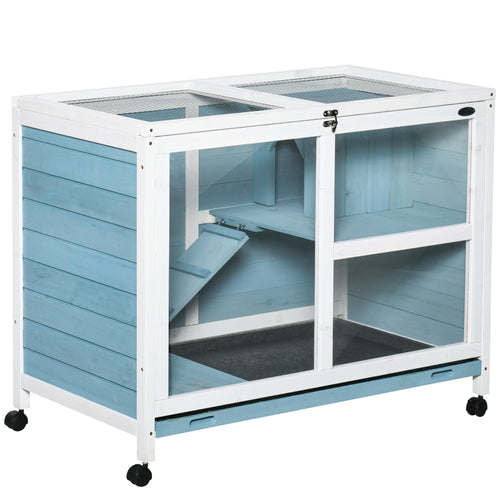 Indoor Rabbit Hutch with Wheels, Bunny Cage Guinea Pig House W/ Top Access, Ramp, Pull Out Tray, Blue