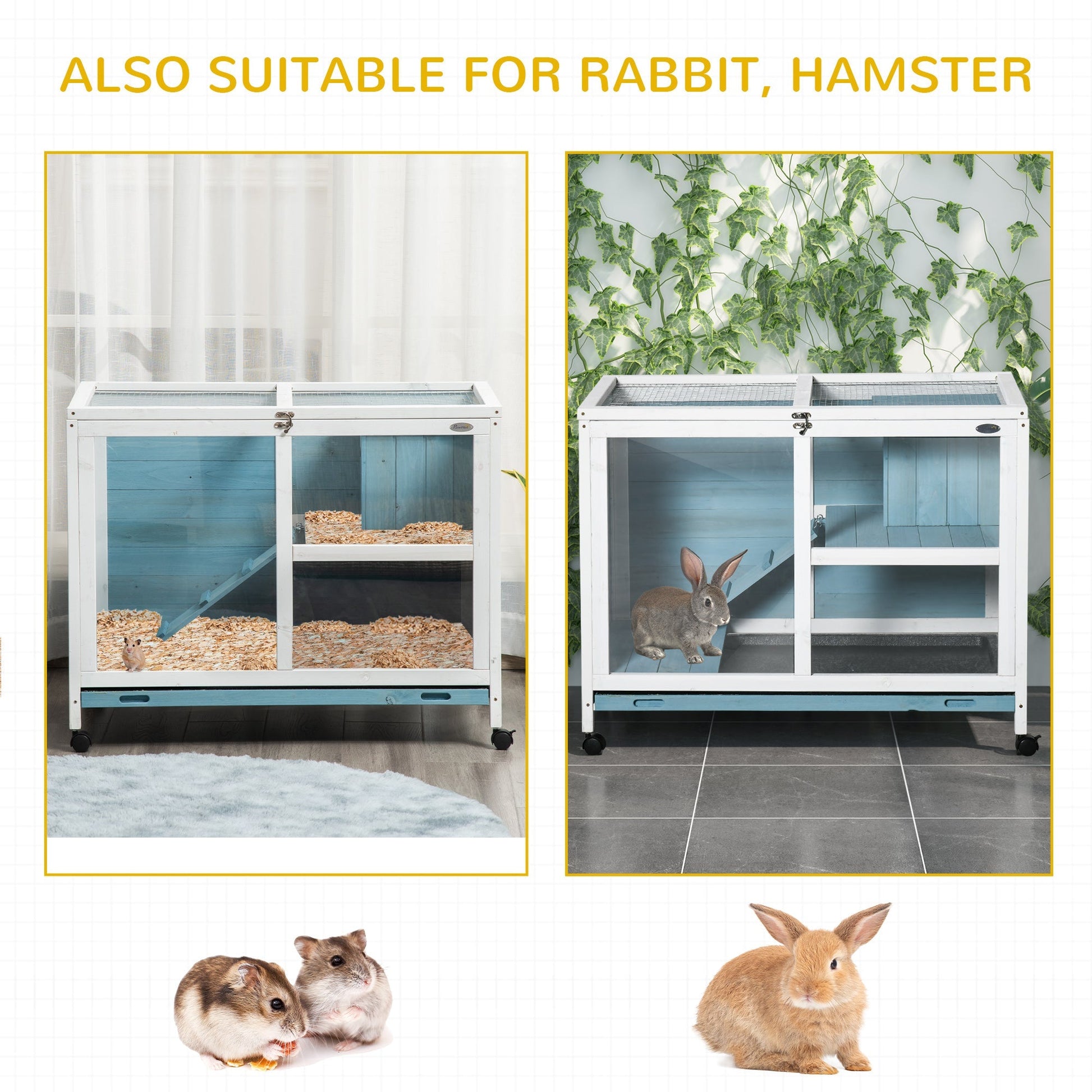 Indoor Rabbit Hutch with Wheels, Bunny Cage Guinea Pig House W/ Top Access, Ramp, Pull Out Tray, Blue at Gallery Canada