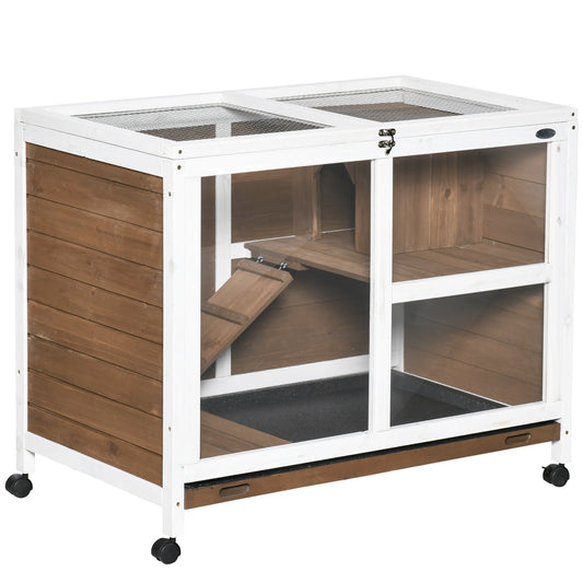 Indoor Rabbit Hutch with Wheels, Bunny Cage Guinea Pig House W/ Top Access, Ramp, Pull Out Tray, Brown at Gallery Canada