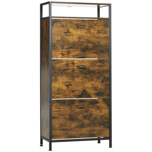 Industrial 12 Pair Shoe Storage Cabinet with 3 Flip Drawers and Open Shelf, Shoe Storage Organizer Rustic Brown