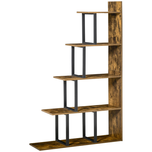 Industrial Bookcase 5-Tier Wooden Ladder Bookshelf Display Stand Organizer for Livingroom Indoor Corner Shelf - Rustic Brown at Gallery Canada