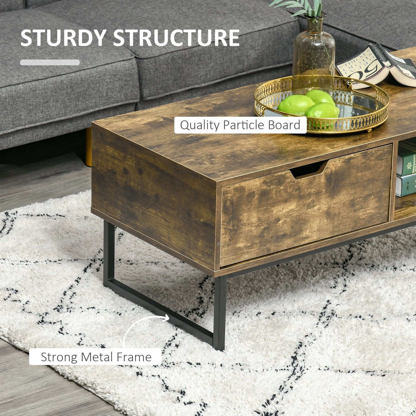 Industrial Coffee Table, Center Table with Drawer and Open Storage Compartment, Steel Legs, for Living Room, Rustic Brown at Gallery Canada