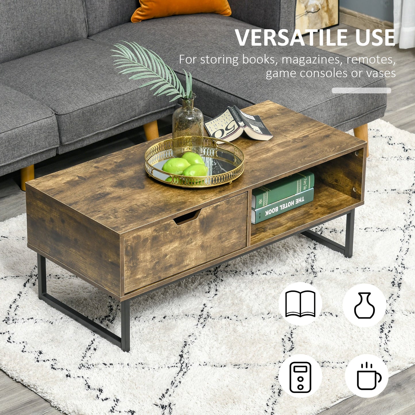 Industrial Coffee Table, Center Table with Drawer and Open Storage Compartment, Steel Legs, for Living Room, Rustic Brown at Gallery Canada