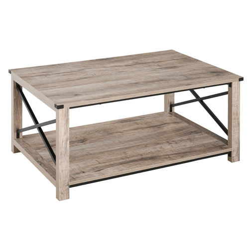 Industrial Coffee Table, Cocktail Table with Bottom Storage Shelf, Metal X-Bar for Living Room Bedroom