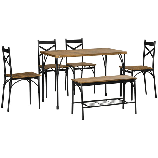 Industrial Dining Table Set for 6 People, 6 Piece Kitchen Table and Chairs Set, Dinner Table with Bench and Storage Shelf, Dinette Set, Rustic Brown - Gallery Canada
