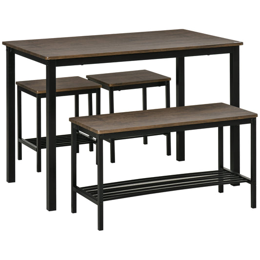 Industrial Dining Table Set, Kitchen Table and Chairs for 4, Dinner Table with Bench Set with Metal Frame &; Storage Shelf, 4 Piece Dinette Set - Gallery Canada