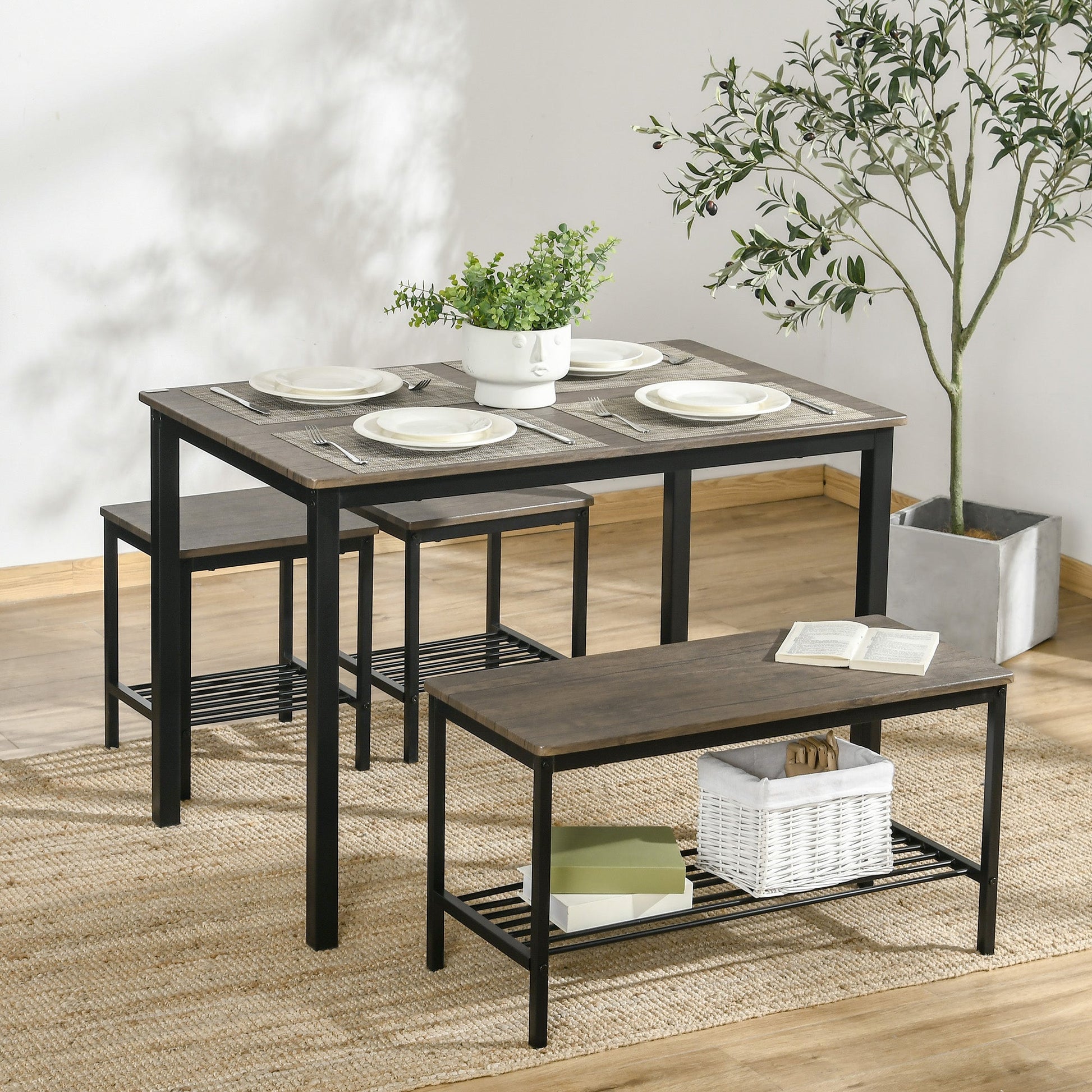 Industrial Dining Table Set, Kitchen Table and Chairs for 4, Dinner Table with Bench Set with Metal Frame &; Storage Shelf, 4 Piece Dinette Set at Gallery Canada