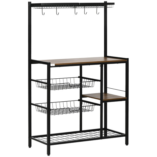 Industrial Kitchen Bakers Rack, Microwave Stand, Coffee Bar Station with Storage Shelves, Wire Basket, 5 Movable Hooks, Walnut at Gallery Canada