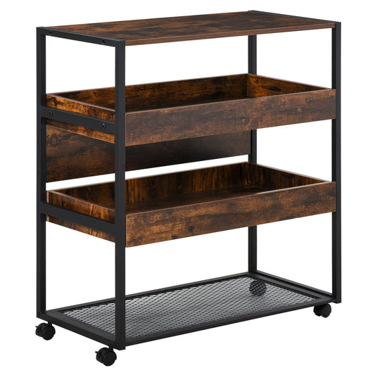 Industrial Kitchen Rolling Cart on Wheels, 4-Tier Utility Cart with Pull-out Open Shelves and Mesh Bottom, Microwave Stand for Dining &; Living Room, Rustic Brown at Gallery Canada