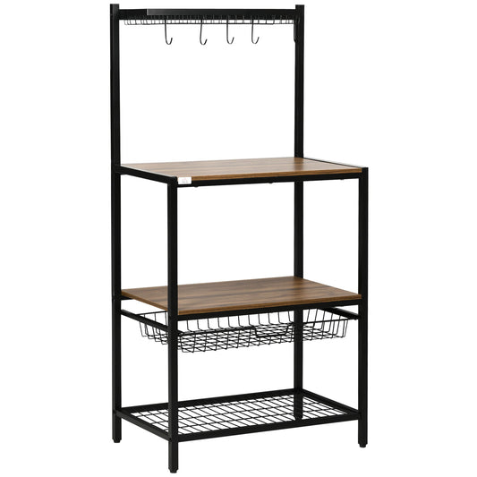 Industrial Multifunctional Kitchen Bakers Rack, Microwave Stand, Coffee Bar Station with Storage Shelves, Wire Basket, 5 Hanging Hooks, Walnut - Gallery Canada