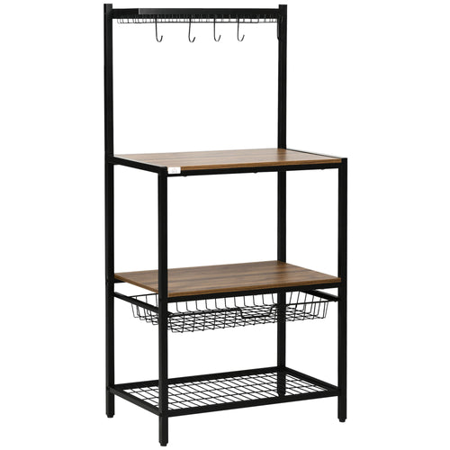 Industrial Multifunctional Kitchen Bakers Rack, Microwave Stand, Coffee Bar Station with Storage Shelves, Wire Basket, 5 Hanging Hooks, Walnut
