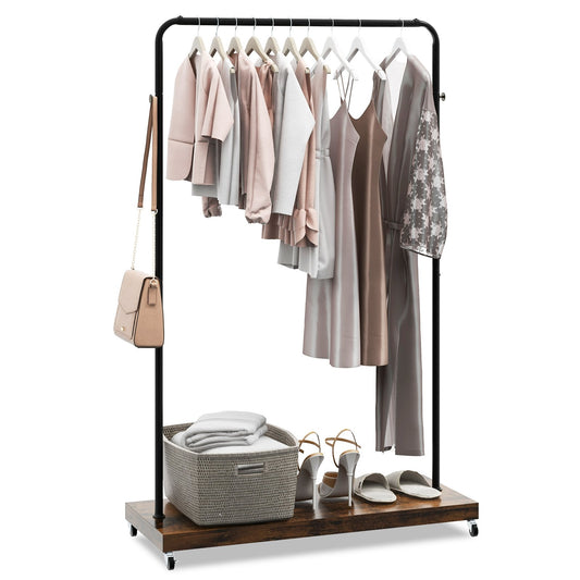 Rolling Garment Rack with Hanging Hooks and Bottom Storage Shelf, Rustic Brown