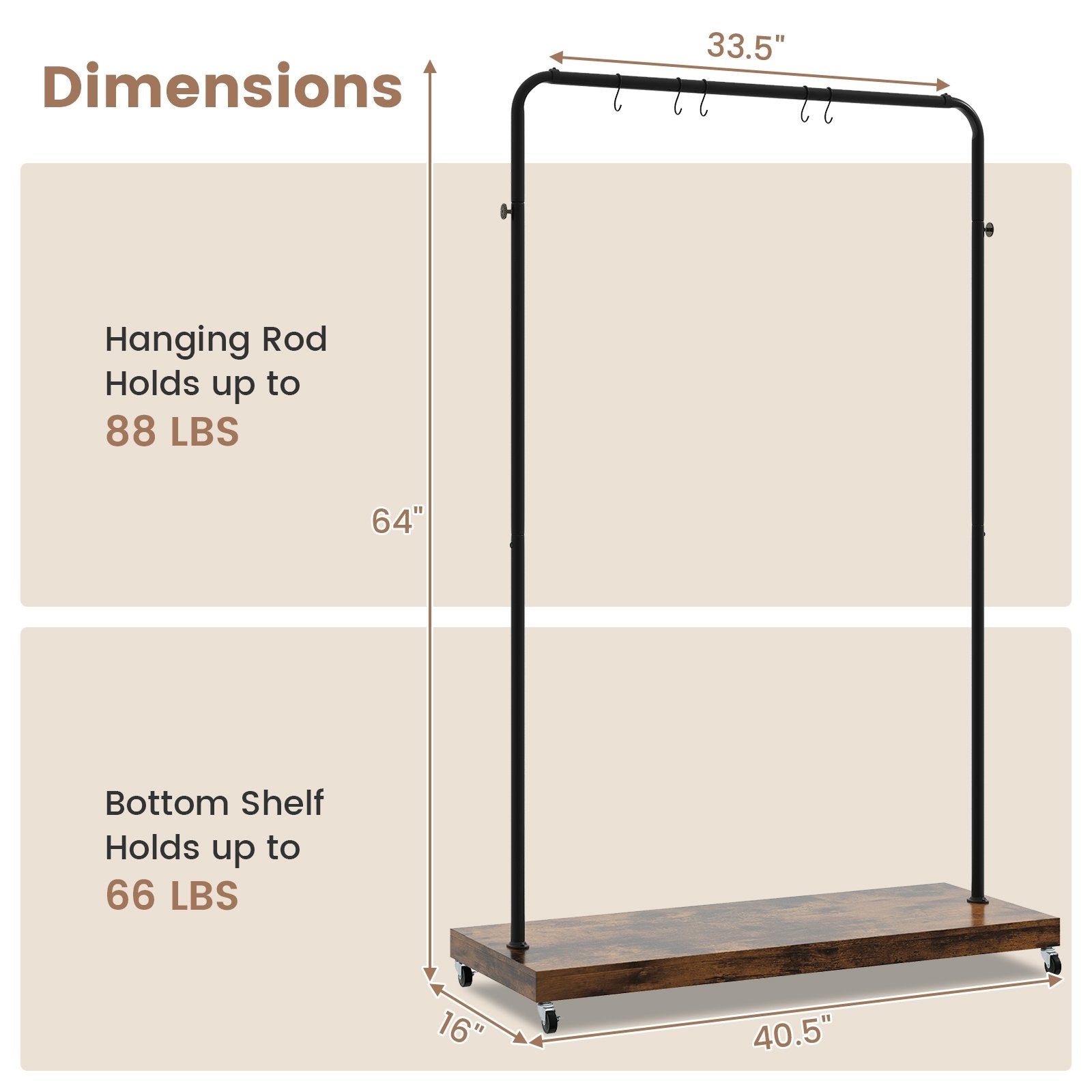Rolling Garment Rack with Hanging Hooks and Bottom Storage Shelf, Rustic Brown at Gallery Canada