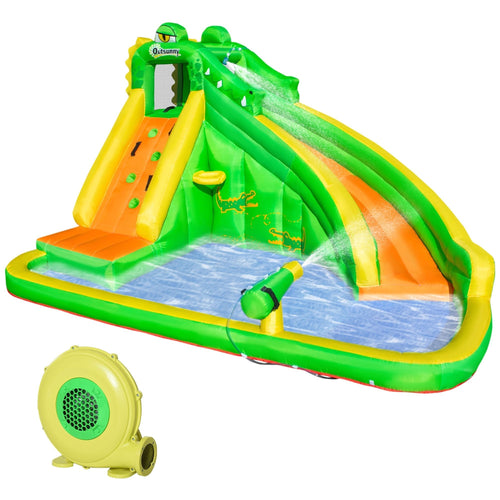 Inflatable Water Slides, 6 in 1 Crocodile Large Bouncy House for Kids Backyard w/ Air Blower, Climbing Wall, Water Cannon, Basket