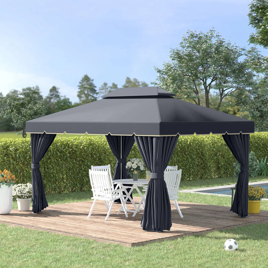 13' x 10' Outdoor Gazebo, 2-Tier Polyester Roof, Vented Mesh, Black Gazebos Black at Gallery Canada
