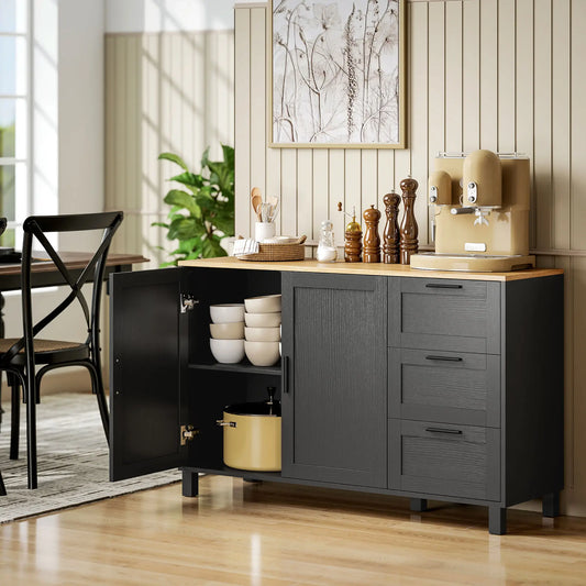 Buffet Cabinet with Soft Close Doors, Modern Sideboard with 3 Drawers, Black Storage Cabinets Black, Natural at Gallery Canada